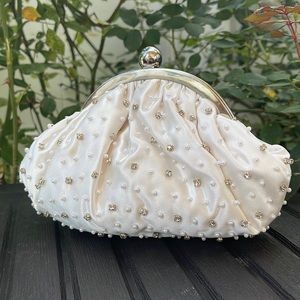 Ivory Satin Rhinestone & Pearl Clutch